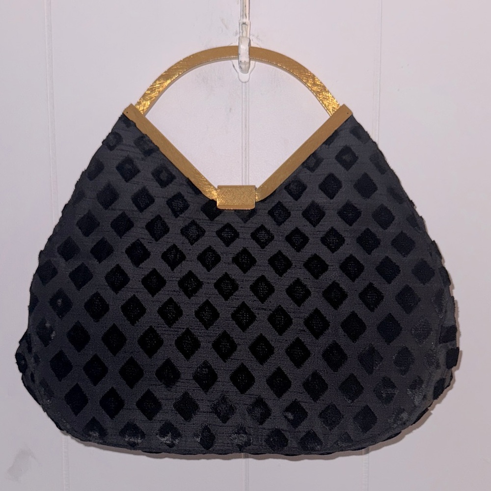 Vintage! Crown Lewis Black Velvet/Silk and Brushed Gold Tone Handbag